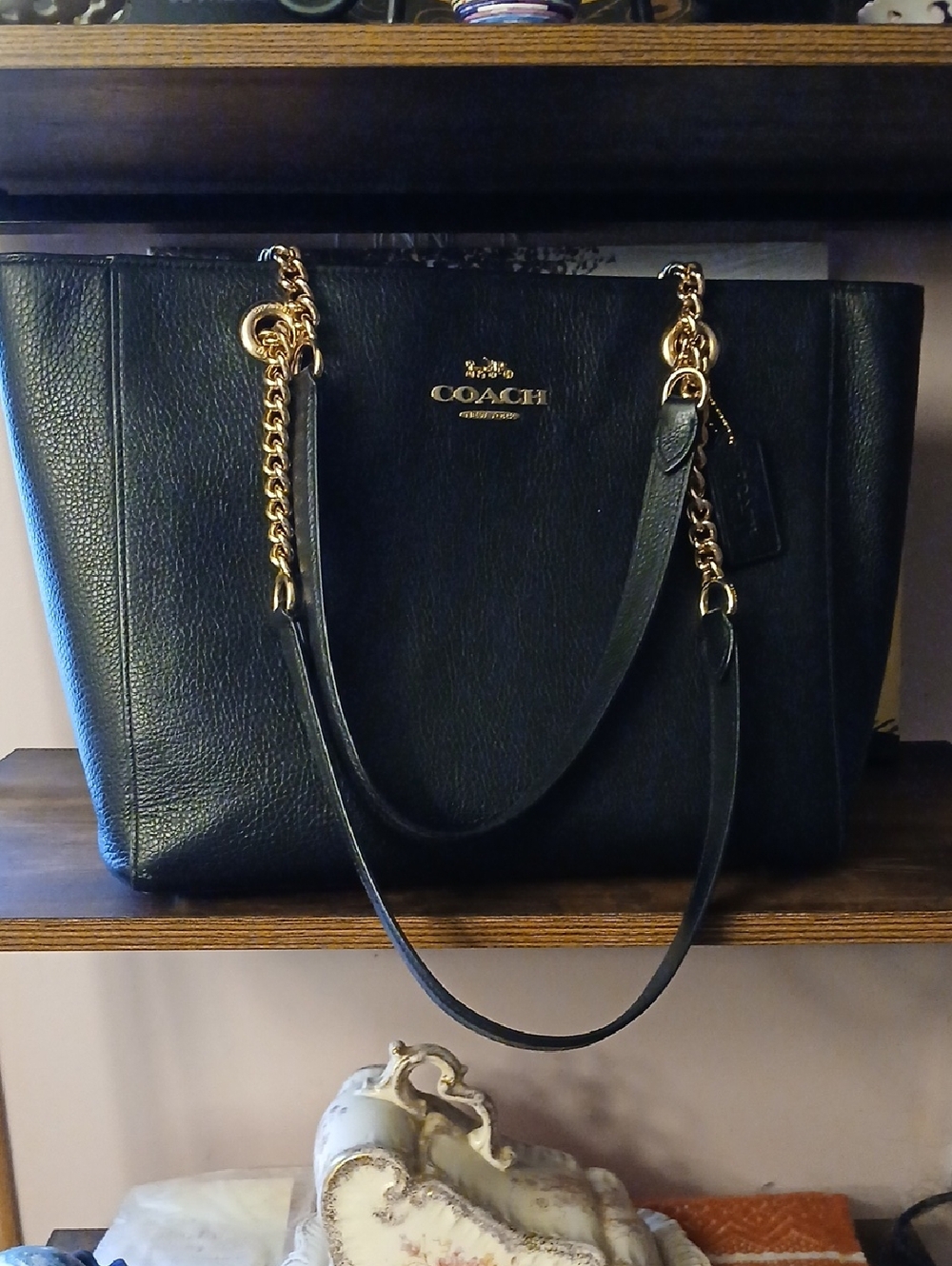 Coach Black Leather Tote with Gold Chain Straps